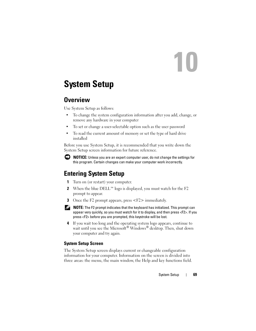 Dell MTG owner manual Overview, Entering System Setup, System Setup Screen 