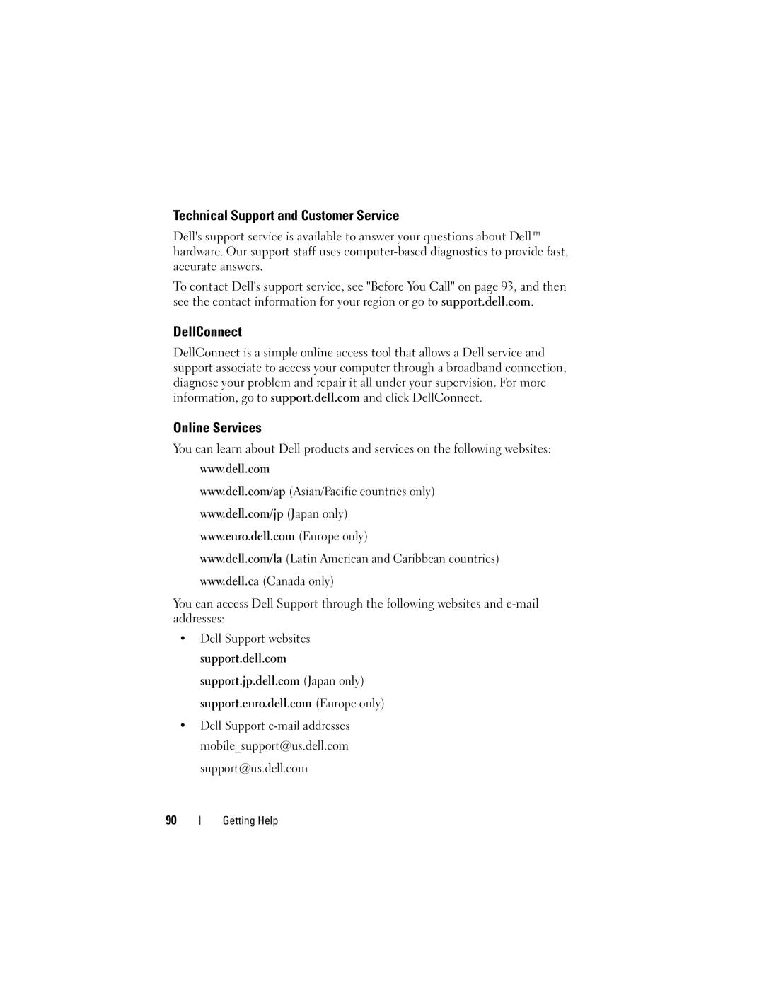 Dell MTG owner manual Technical Support and Customer Service, DellConnect Online Services 