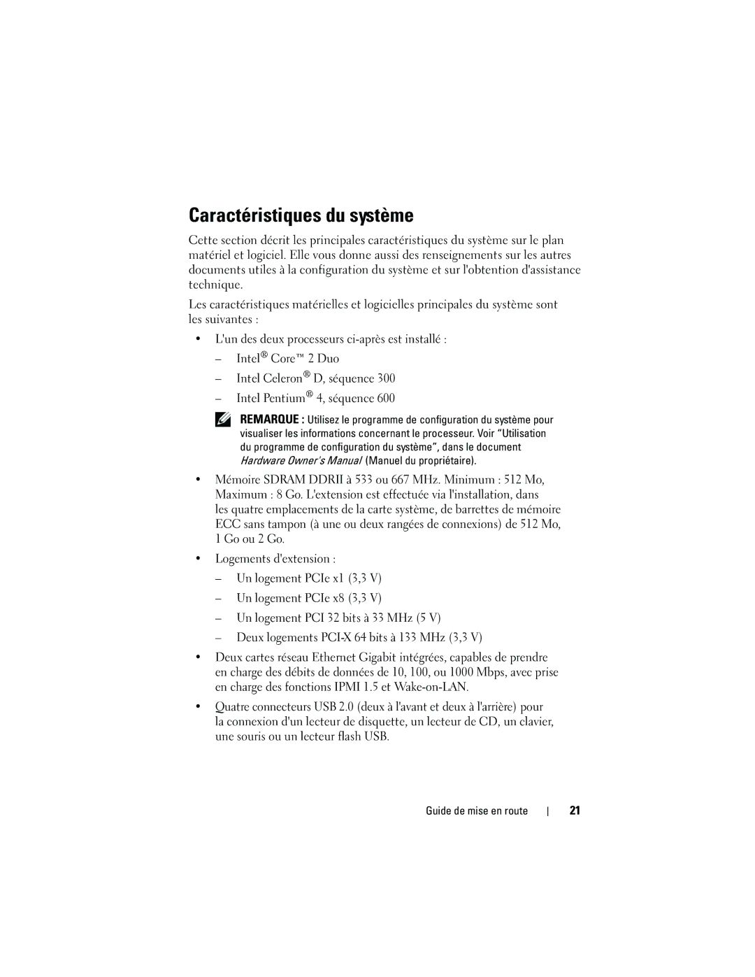 Dell JU892, MVT01 manual Caractéristiques du système 