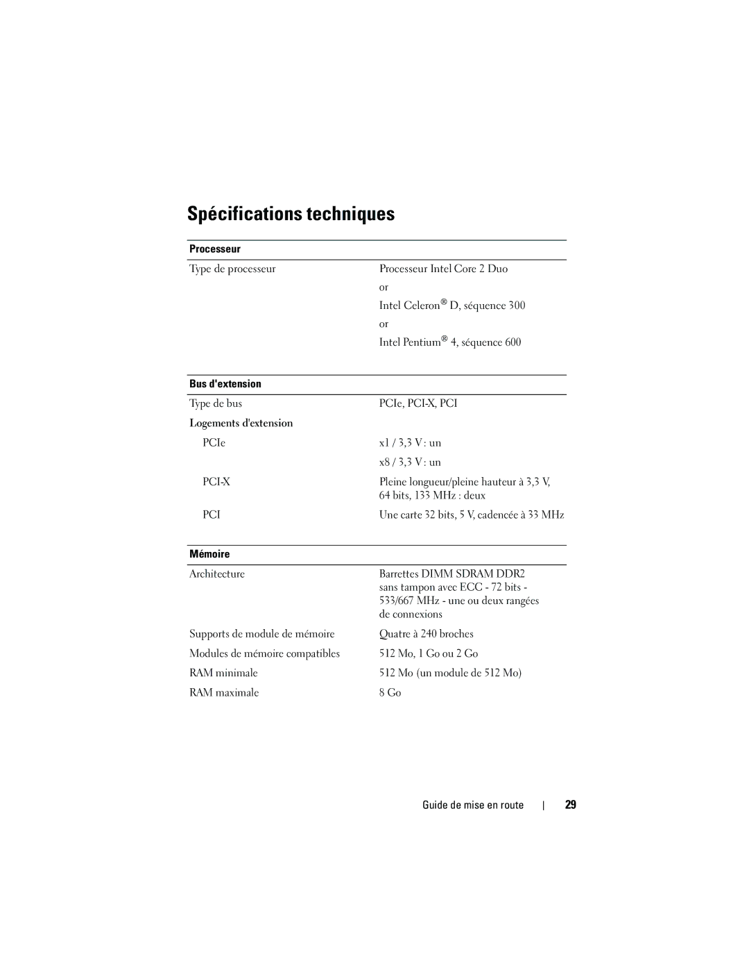 Dell JU892, MVT01 manual Spécifications techniques 