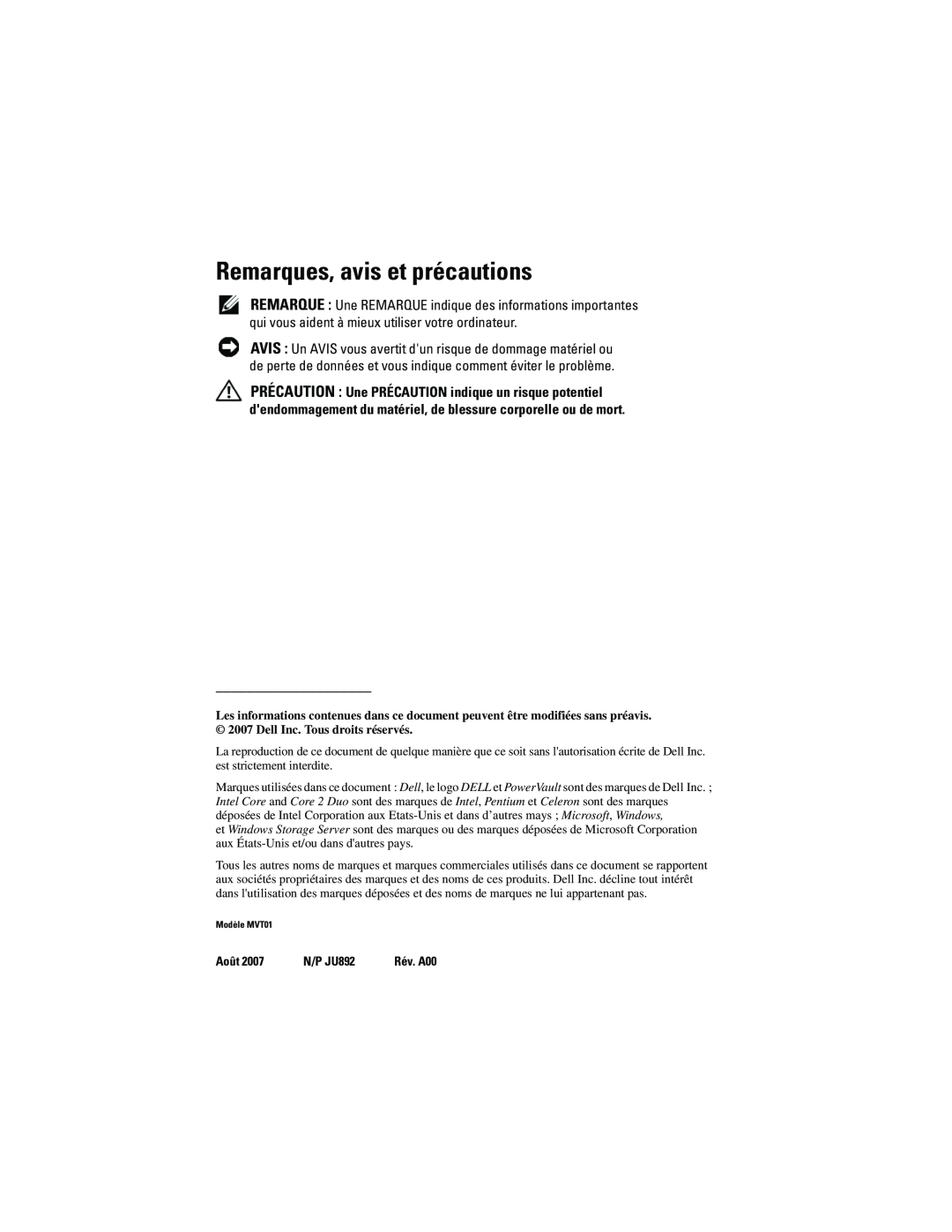 Dell MVT01 manual Remarques, avis et précautions, Août, N/P JU892 