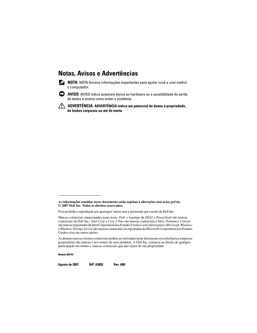 Dell MVT01 manual Notas, Avisos e Advertências, Agosto de, N/P JU892 