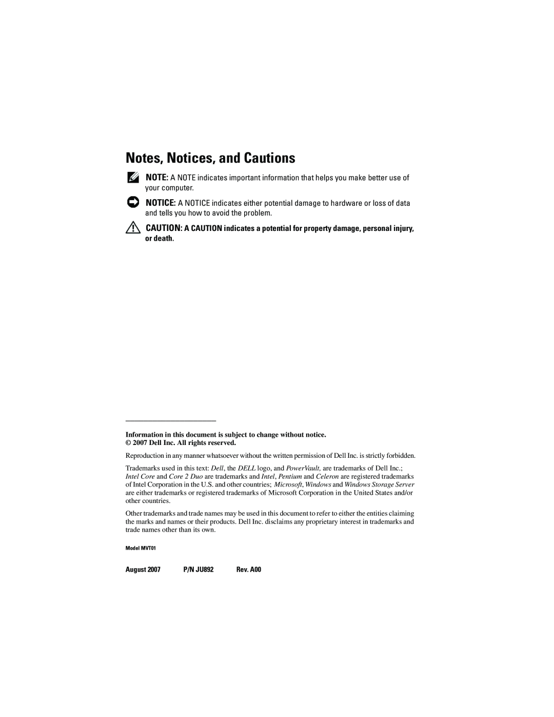 Dell MVT01, JU892 manual Notes, Notices, and Cautions 