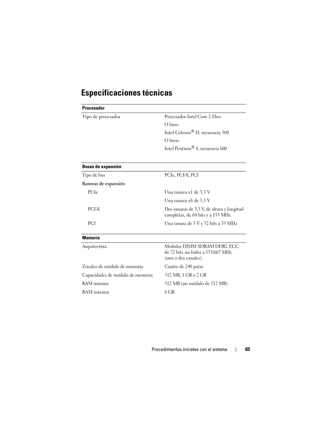 Dell JU892, MVT01 manual Especificaciones técnicas 