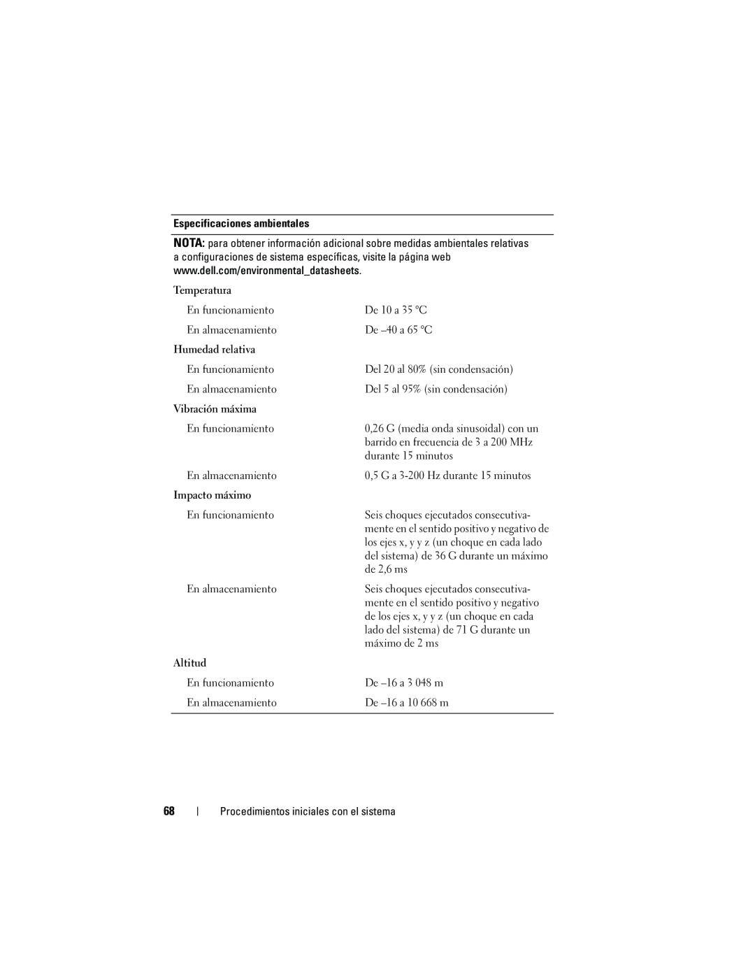 Dell MVT01, JU892 manual Especificaciones ambientales 