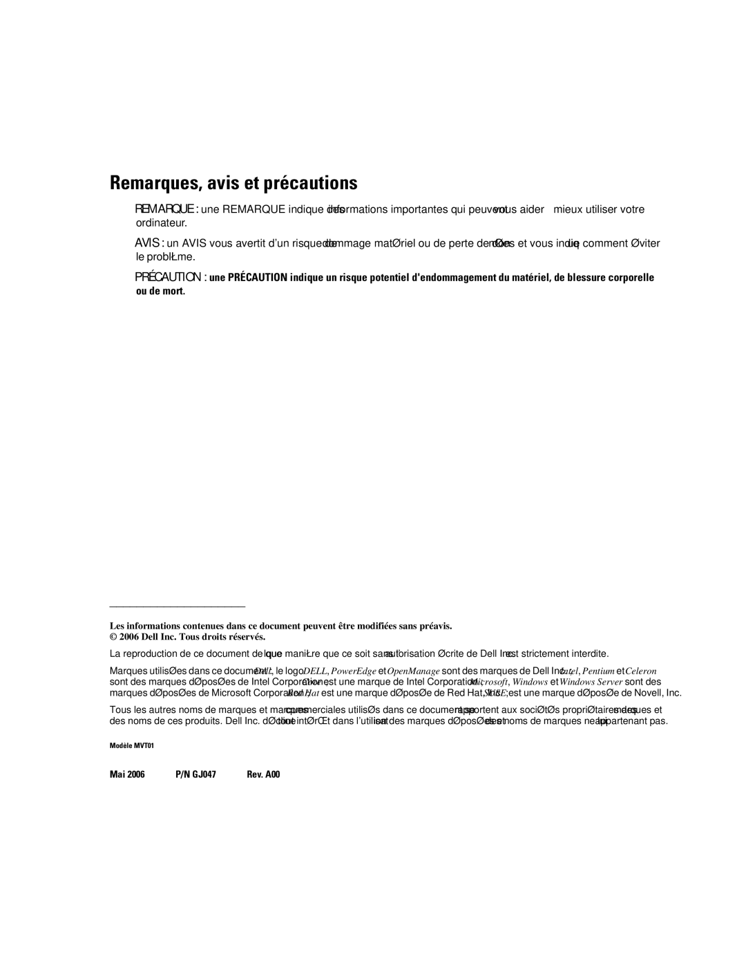 Dell MVT01 manual Remarques, avis et précautions 