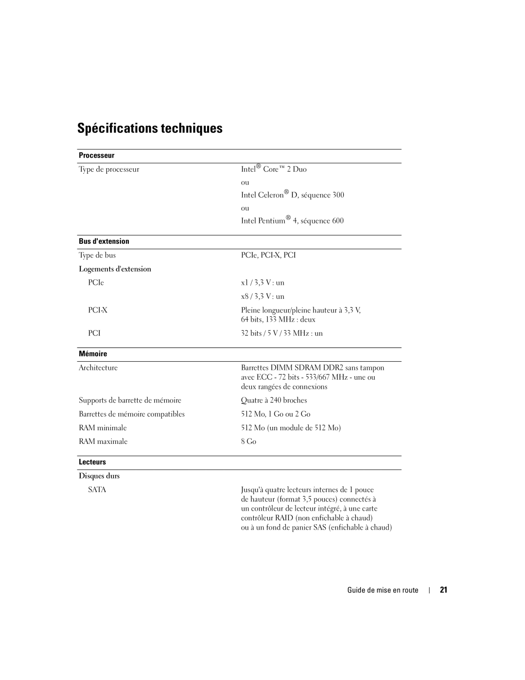 Dell MVT01 manual Spécifications techniques 