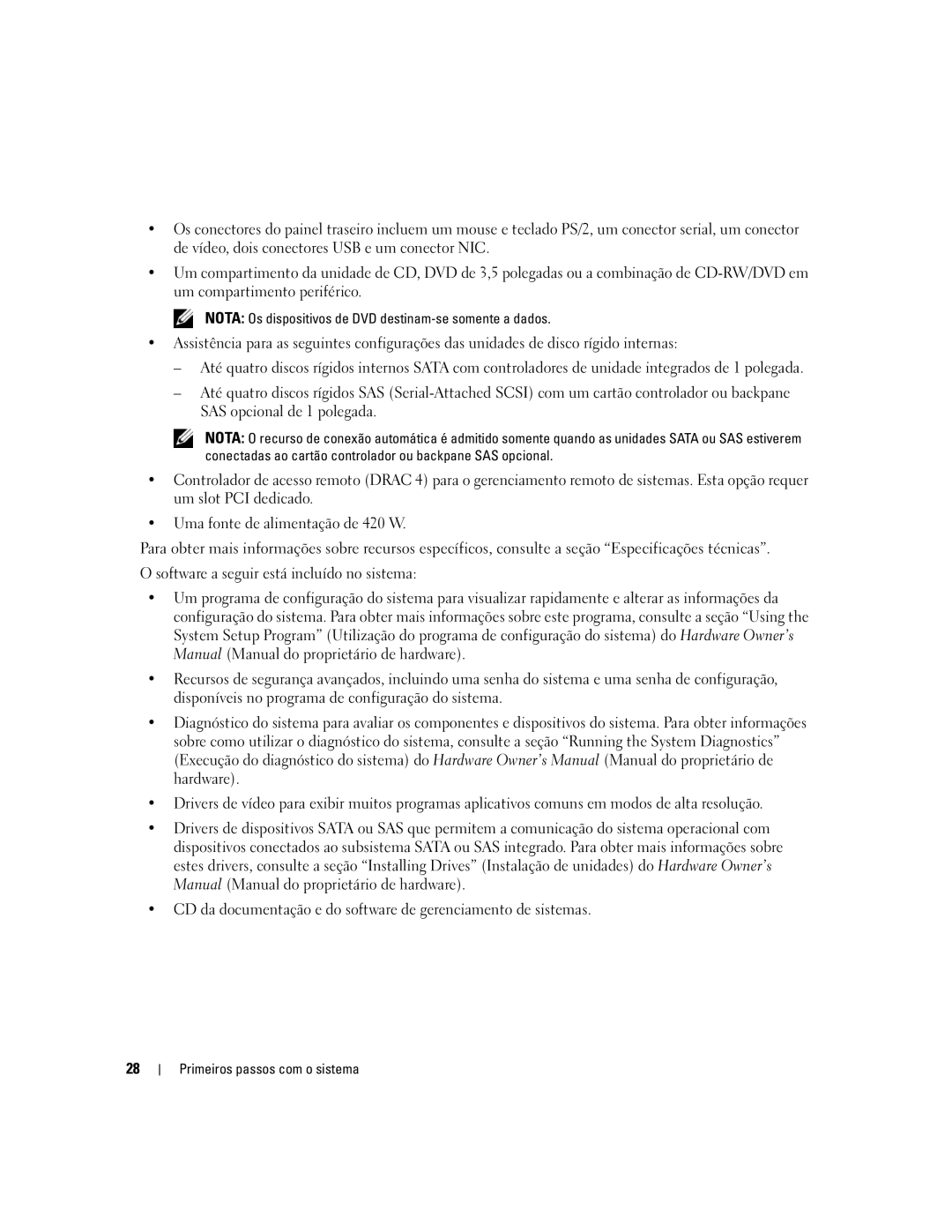 Dell MVT01 manual Nota Os dispositivos de DVD destinam-se somente a dados 