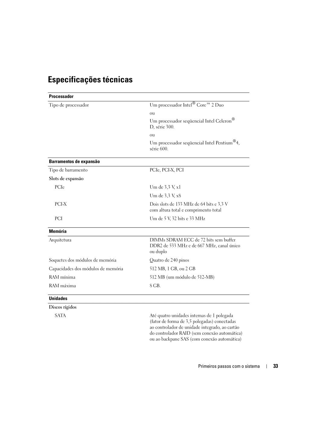 Dell MVT01 manual Especificações técnicas, Barramentos de expansão, Um de 3,3 V, Memória, Unidades 