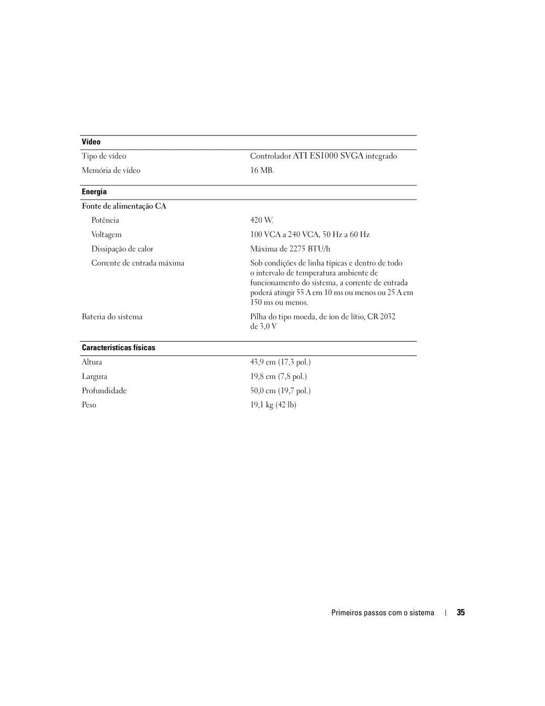 Dell MVT01 manual Vídeo, Controlador ATI ES1000 Svga integrado, Energia, VCA a 240 VCA, 50 Hz a 60 Hz, Máxima de 2275 BTU/h 