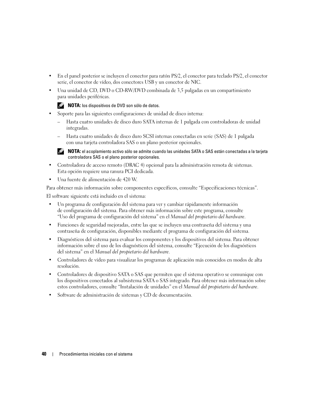 Dell MVT01 manual Nota los dispositivos de DVD son sólo de datos 