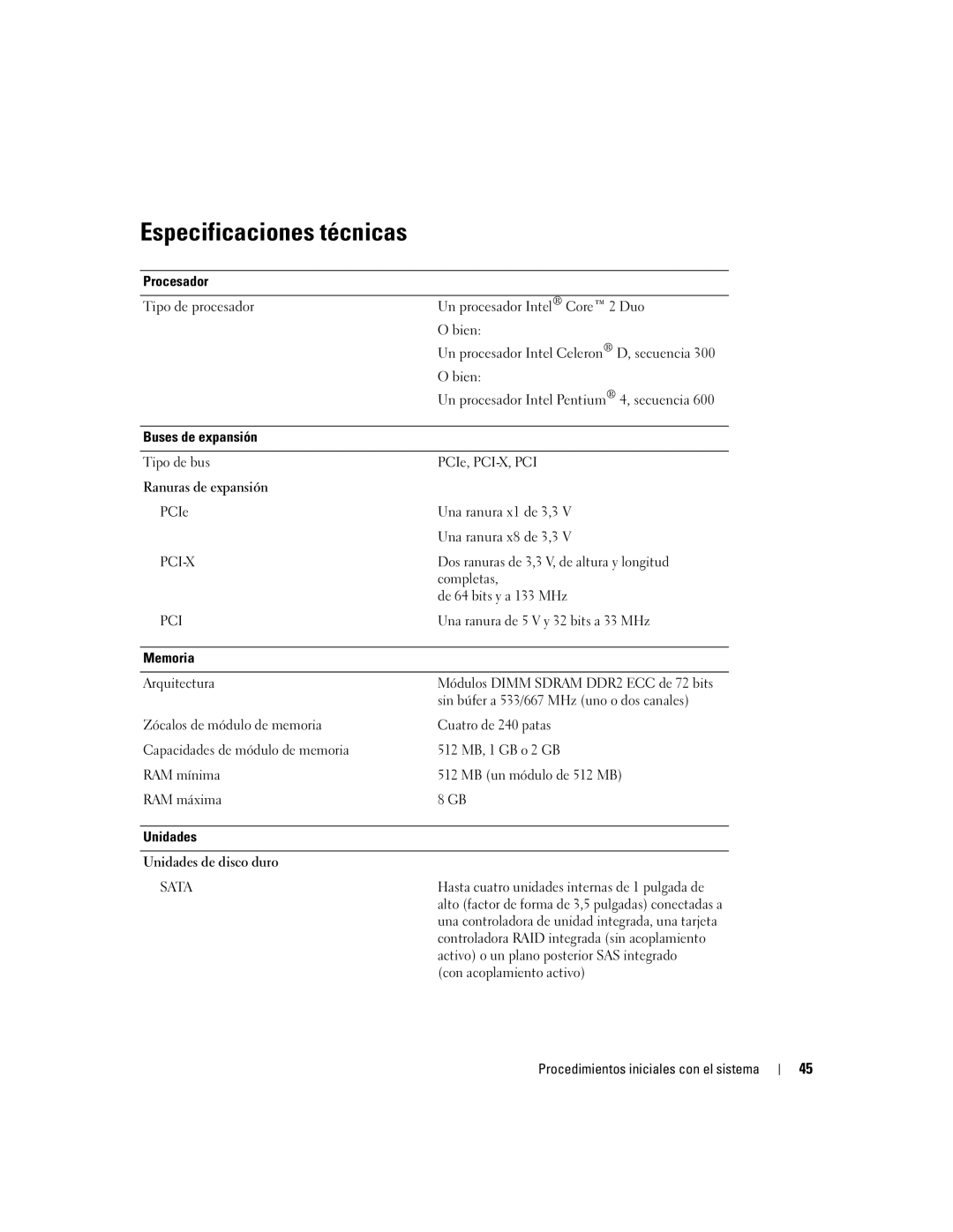 Dell MVT01 manual Especificaciones técnicas 