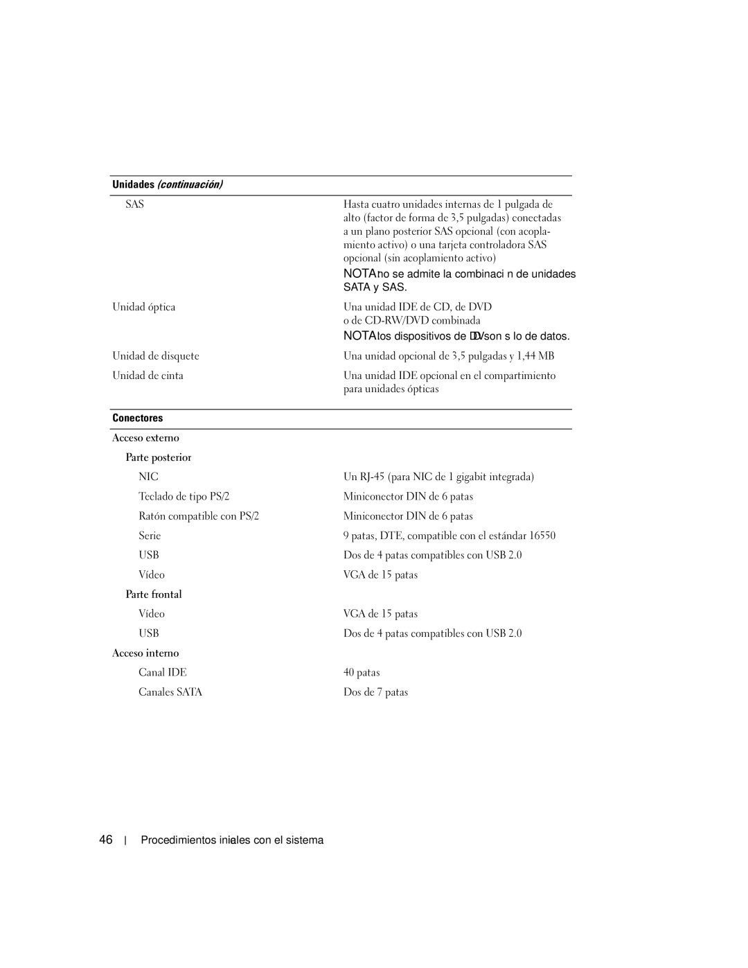Dell MVT01 Unidades continuación, Sata y SAS, Conectores Acceso externo Parte posterior, Parte frontal, Acceso interno 