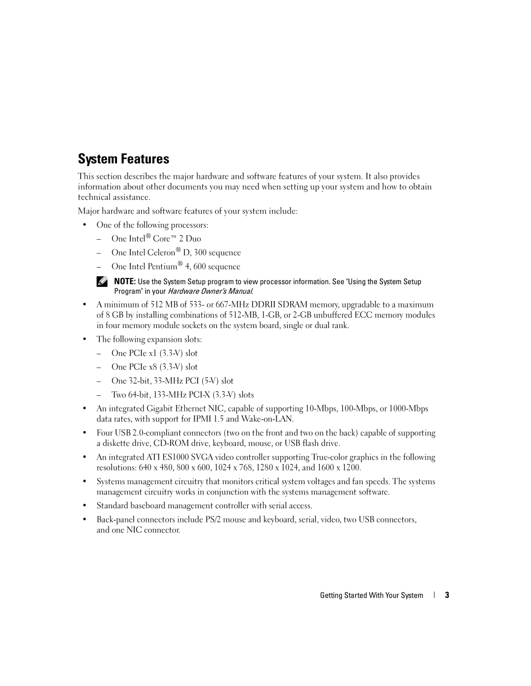 Dell MVT01 manual System Features, Getting Started With Your System 