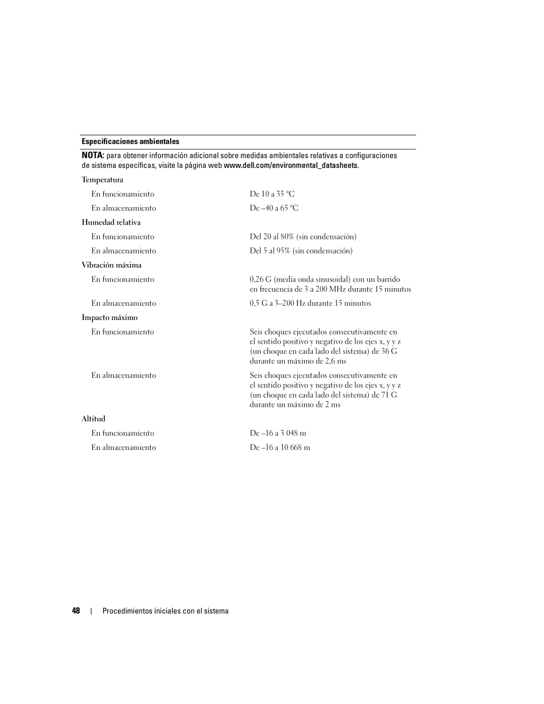 Dell MVT01 manual Especificaciones ambientales Temperatura, Humedad relativa, Vibración máxima, Impacto máximo, Altitud 