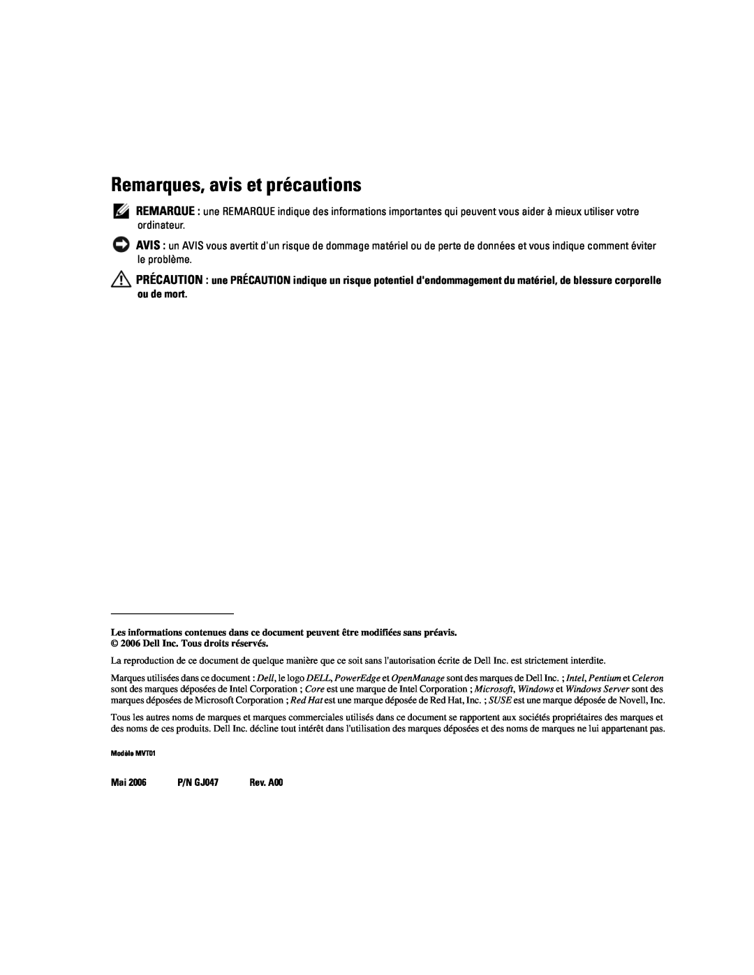 Dell MVT01 manual Remarques, avis et précautions, P/N GJ047 