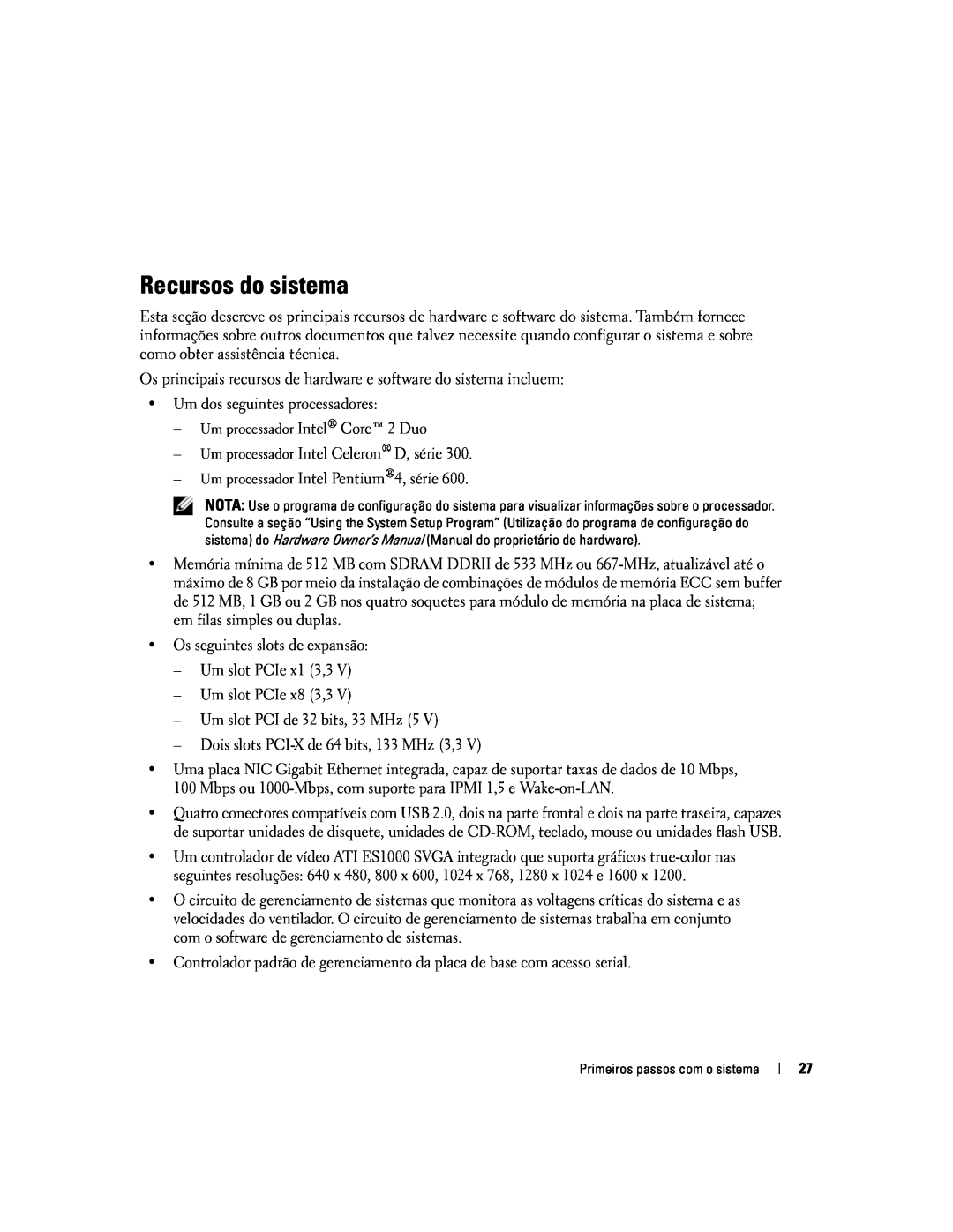 Dell MVT01 manual Recursos do sistema 
