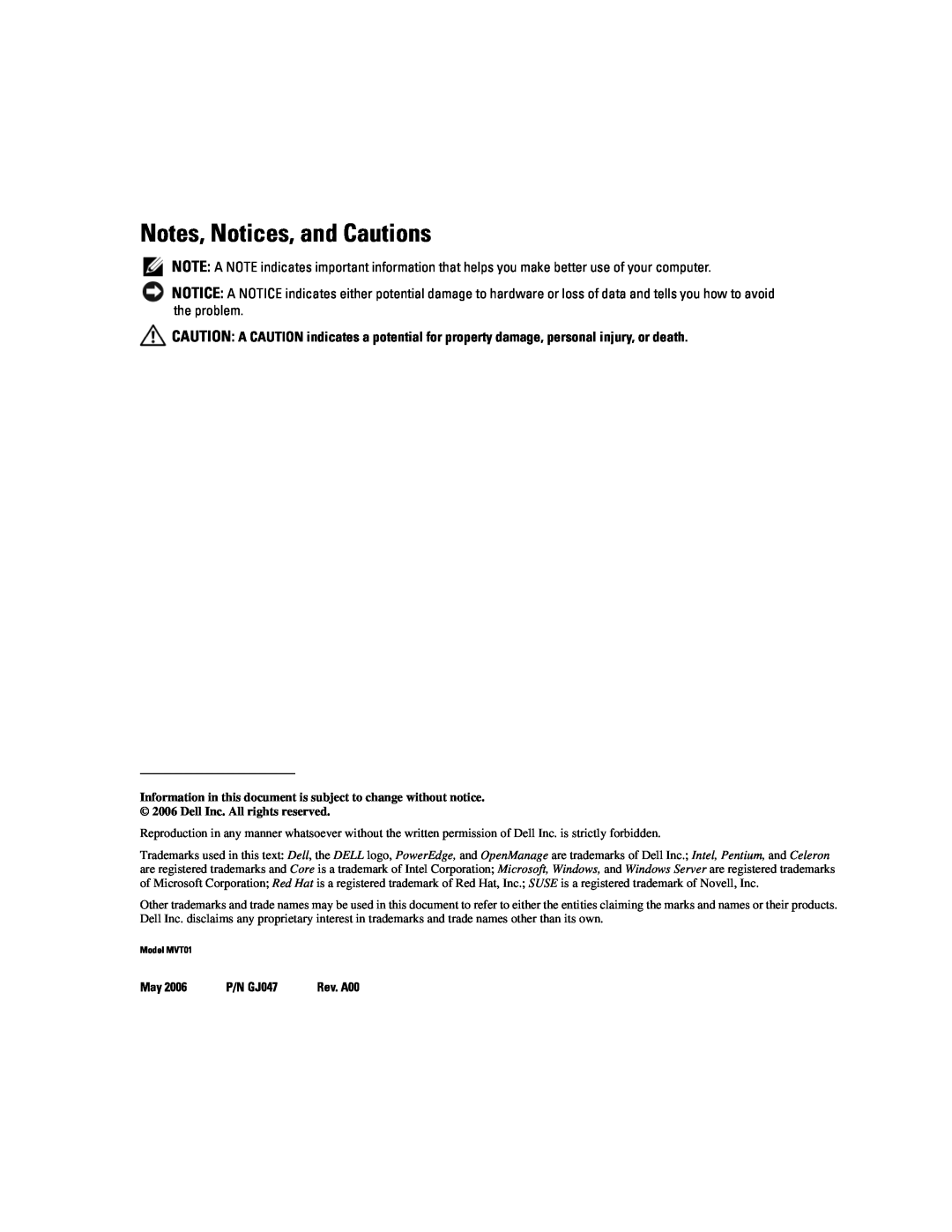 Dell MVT01 manual Notes, Notices, and Cautions 