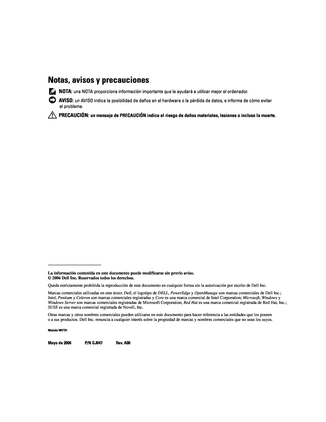 Dell MVT01 manual Notas, avisos y precauciones, Mayo de, P/N GJ047 