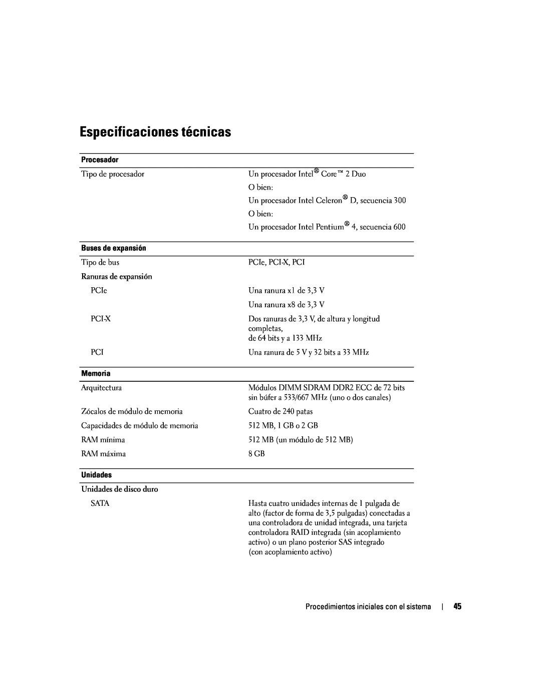 Dell MVT01 manual Especificaciones técnicas 
