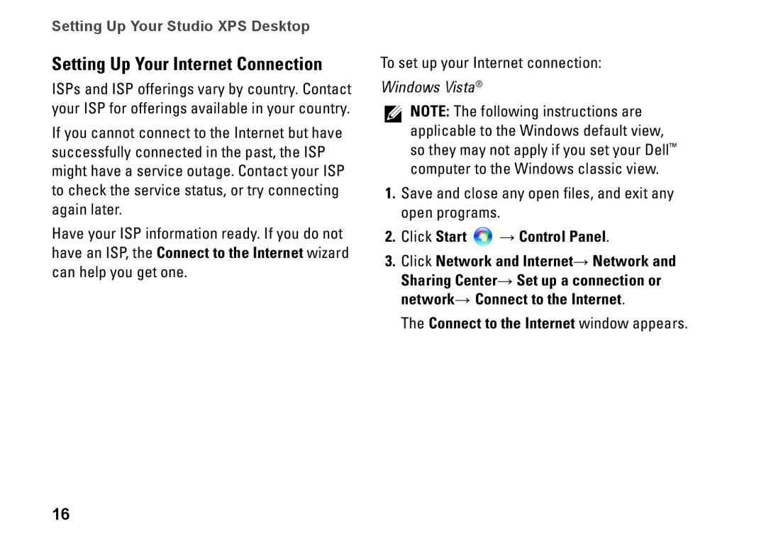 Dell MX36C Setting Up Your Internet Connection, Click Start → Control Panel, Connect to the Internet window appears 