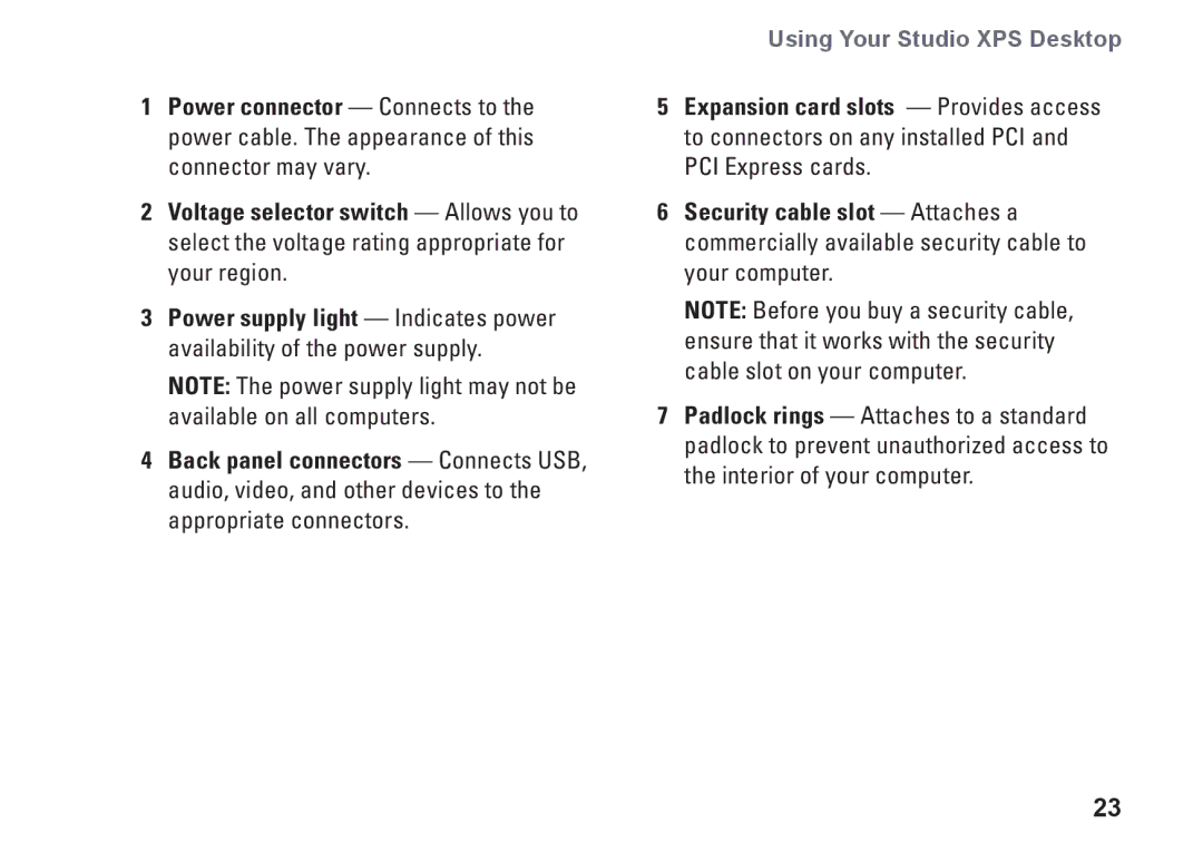 Dell MX36C setup guide Using Your Studio XPS Desktop 