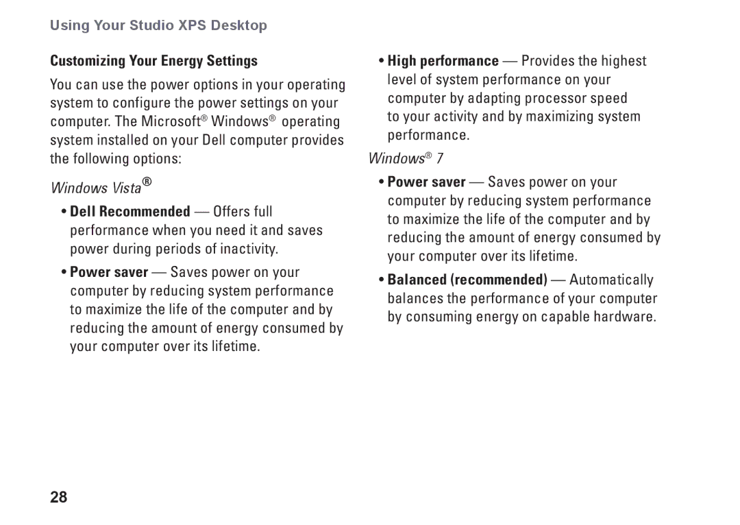 Dell MX36C setup guide Customizing Your Energy Settings 