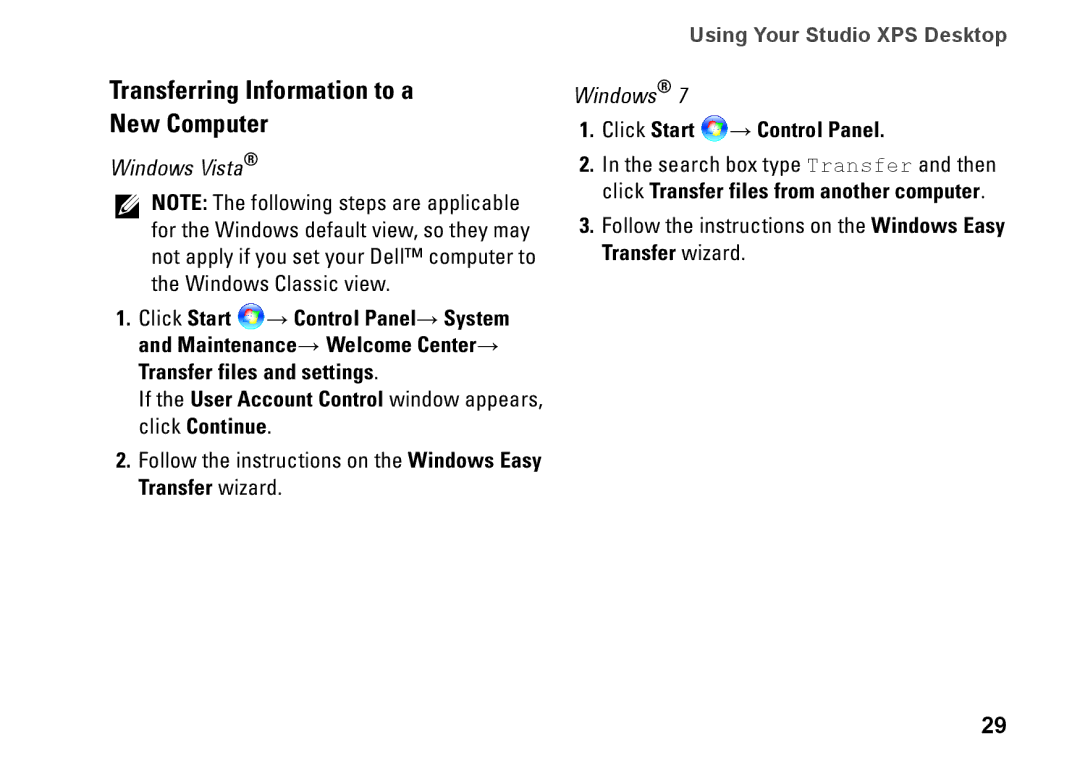 Dell MX36C Transferring Information to a New Computer, If the User Account Control window appears, click Continue 