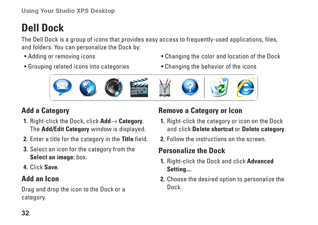 Dell MX36C setup guide Dell Dock, Add a Category, Add an Icon, Remove a Category or Icon, Personalize the Dock 