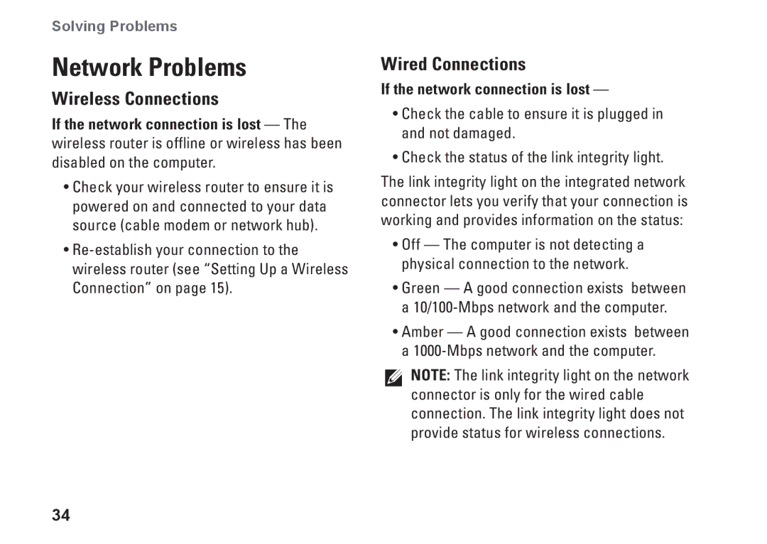 Dell MX36C setup guide Network Problems, Wireless Connections, Wired Connections, If the network connection is lost 