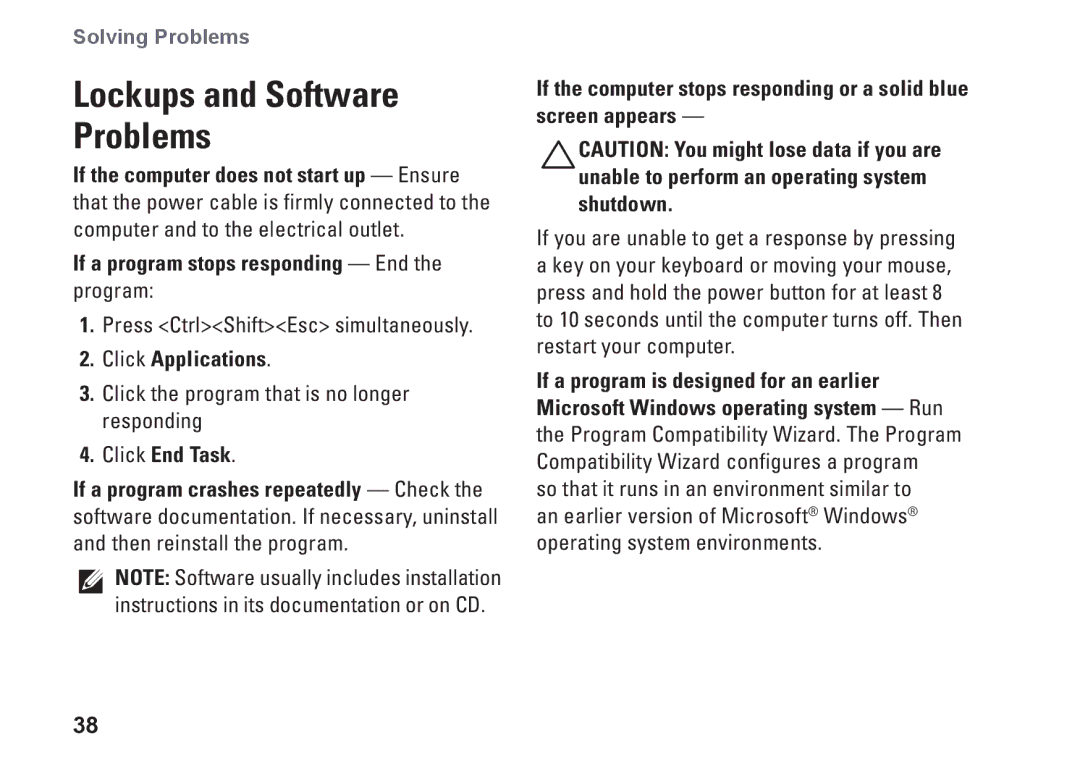 Dell MX36C setup guide If a program stops responding End the program, Press CtrlShiftEsc simultaneously, Click Applications 