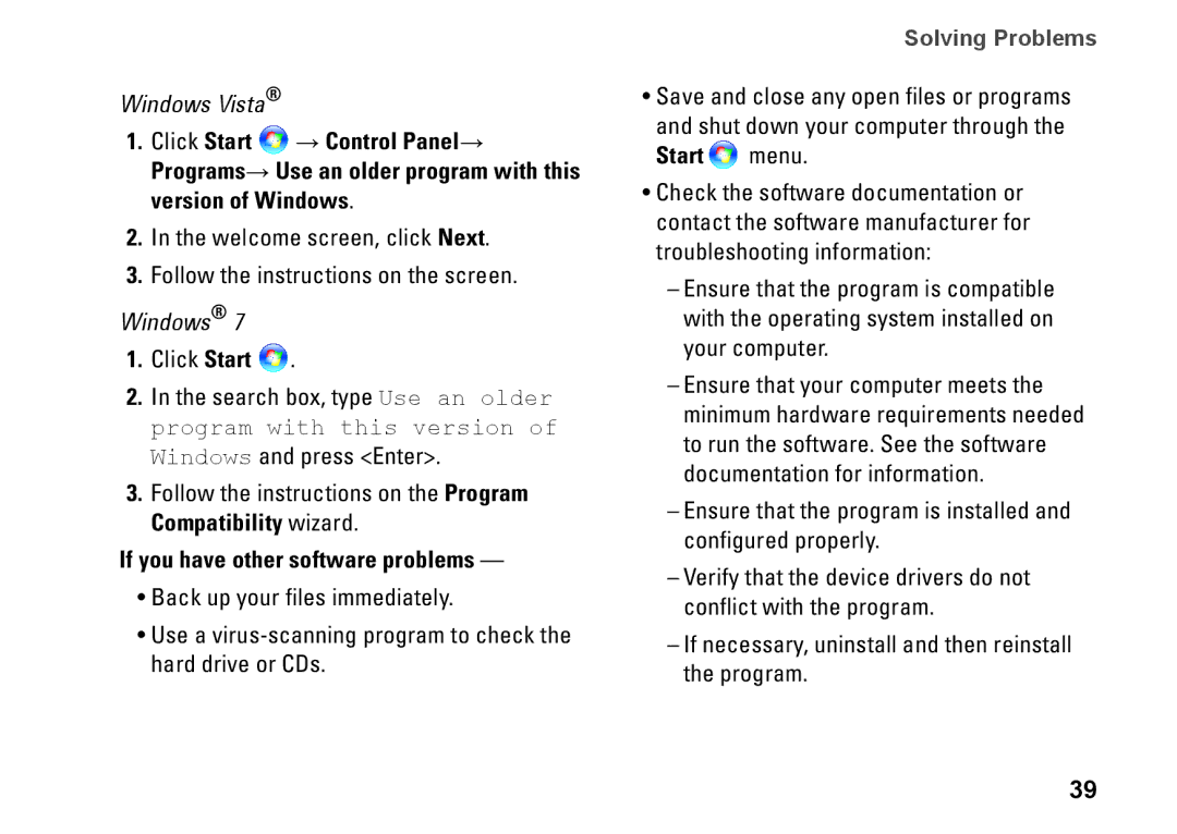 Dell MX36C Click Start, Follow the instructions on the Program Compatibility wizard, If you have other software problems 