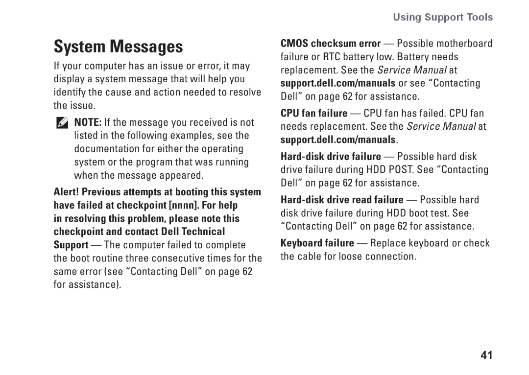 Dell MX36C setup guide System Messages, Using Support Tools 