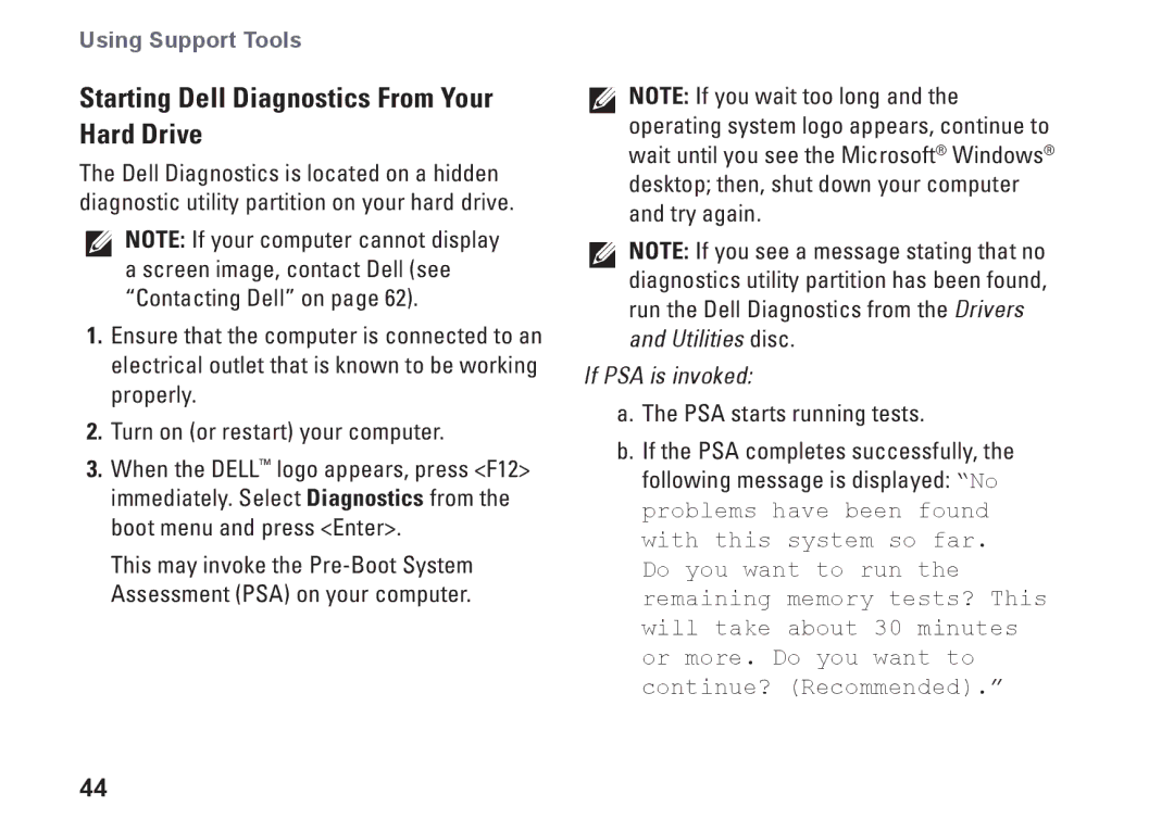 Dell MX36C setup guide Starting Dell Diagnostics From Your Hard Drive, If PSA is invoked 