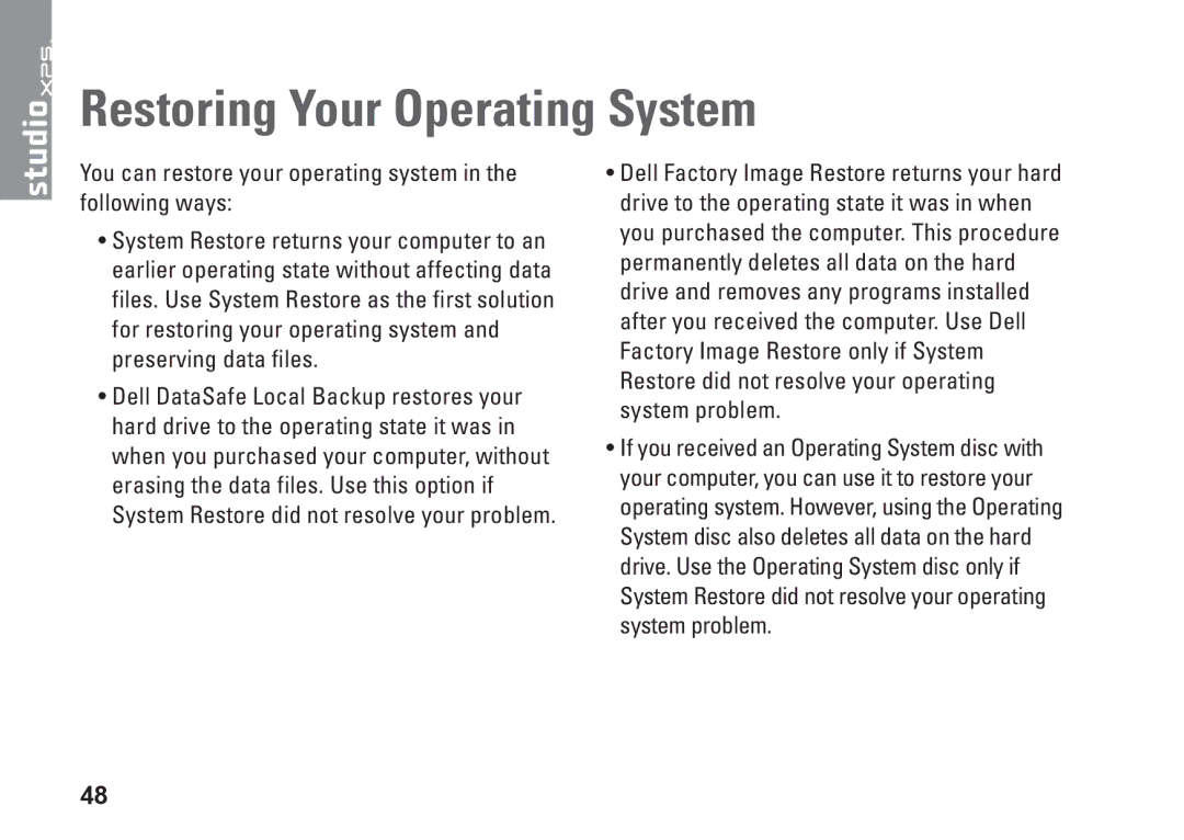 Dell MX36C setup guide Restoring Your Operating System 