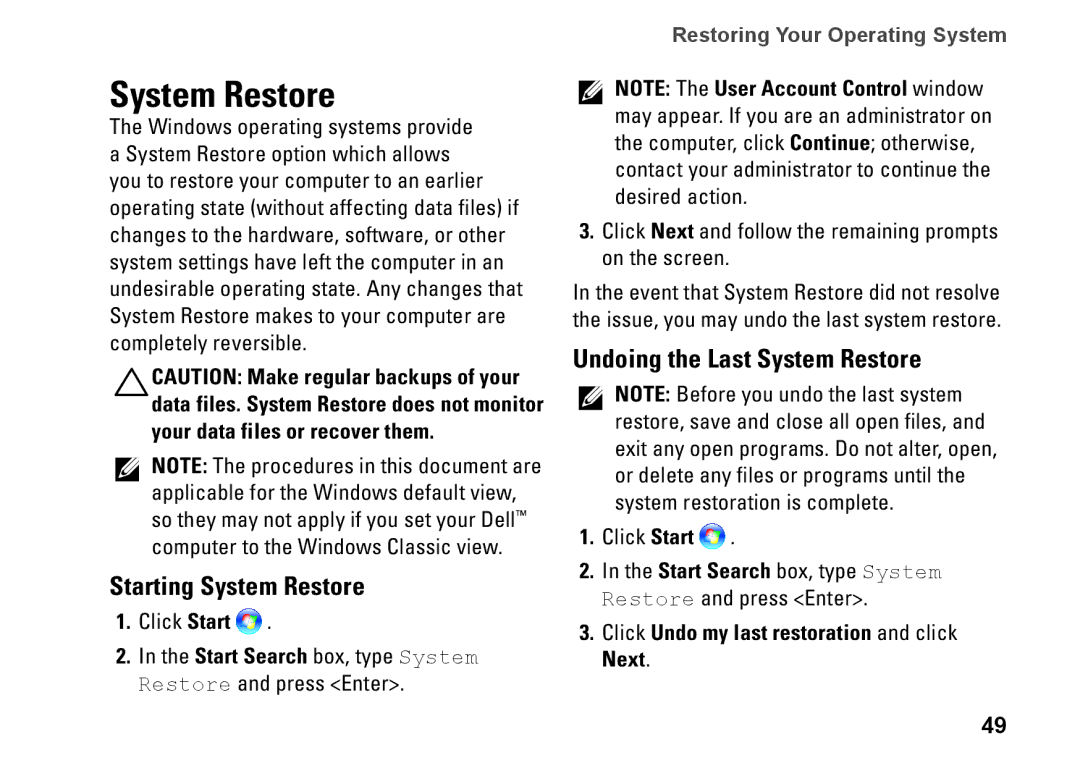 Dell MX36C Starting System Restore, Undoing the Last System Restore, Click Undo my last restoration and click Next 