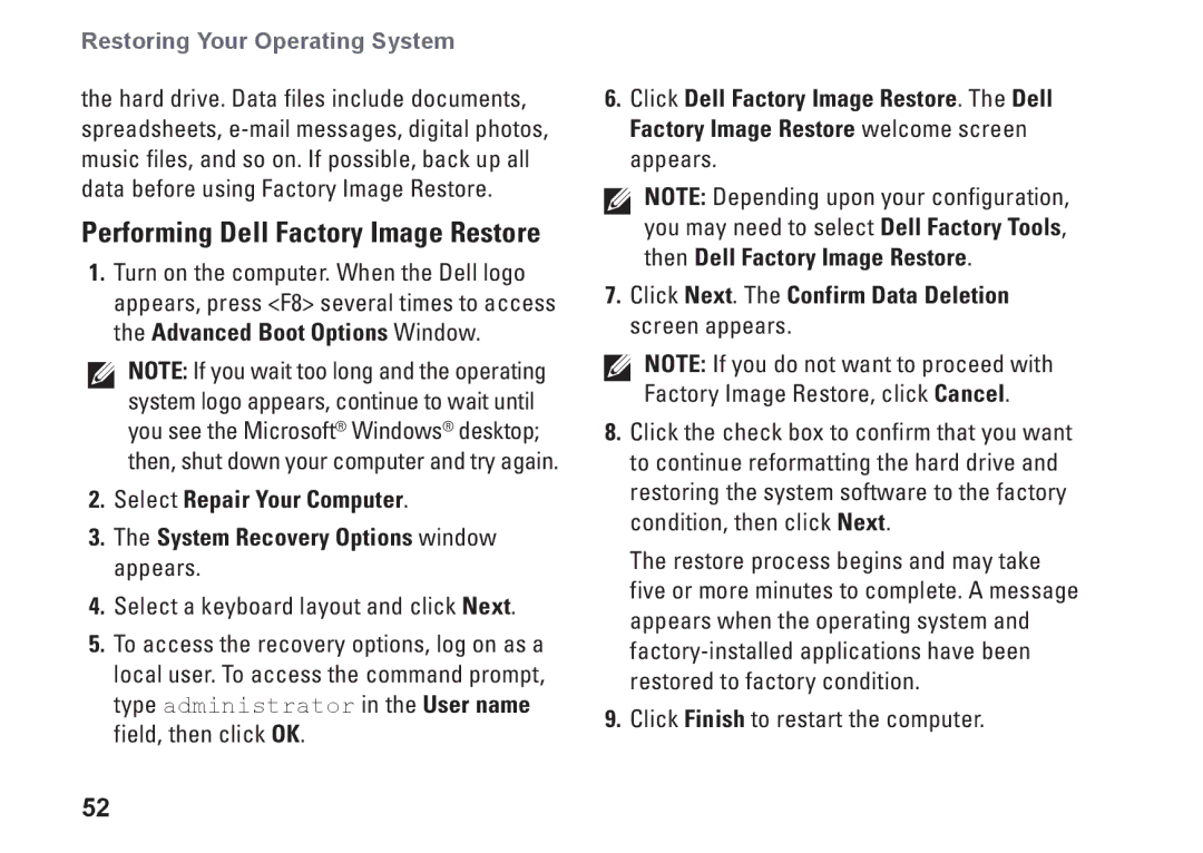 Dell MX36C setup guide Performing Dell Factory Image Restore 