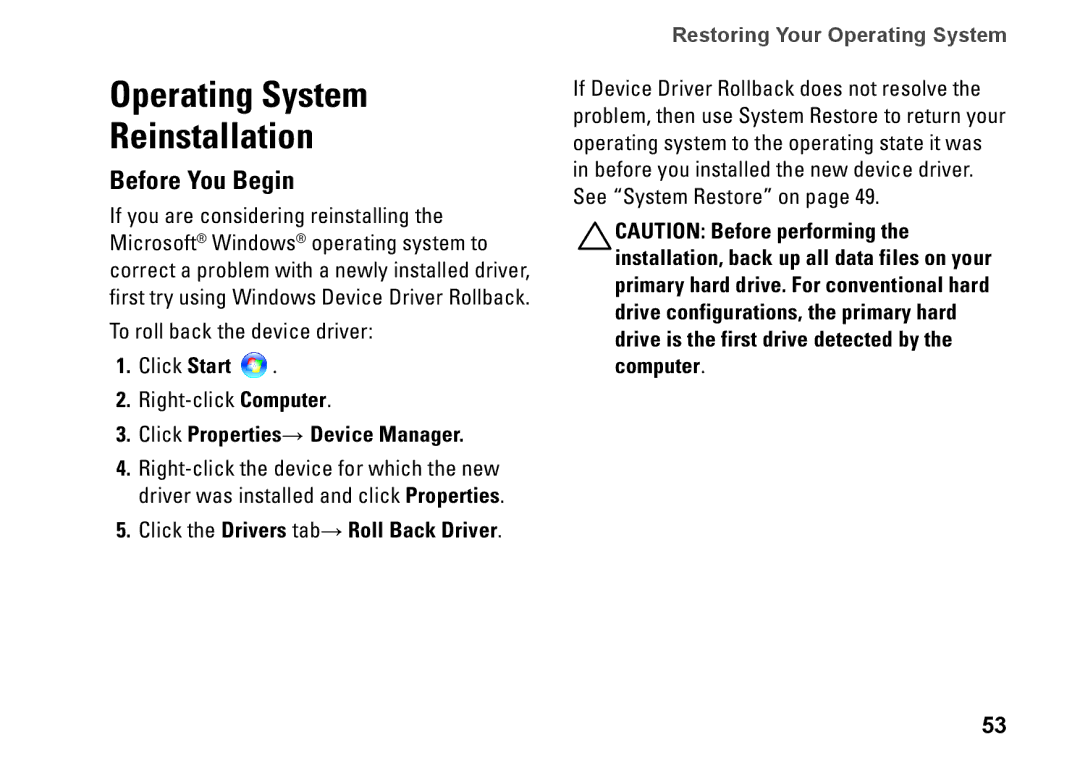 Dell MX36C setup guide Operating System Reinstallation, Before You Begin, Click Properties→ Device Manager 