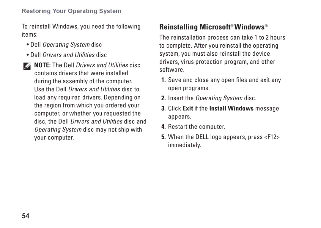 Dell MX36C setup guide Reinstalling Microsoft Windows, To reinstall Windows, you need the following items 