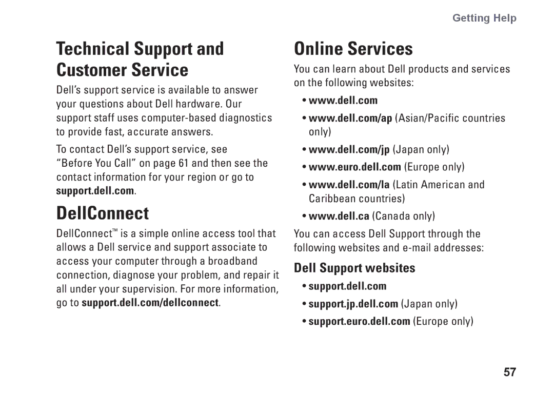 Dell MX36C setup guide DellConnect, Online Services, Dell Support websites, Support.dell.com 