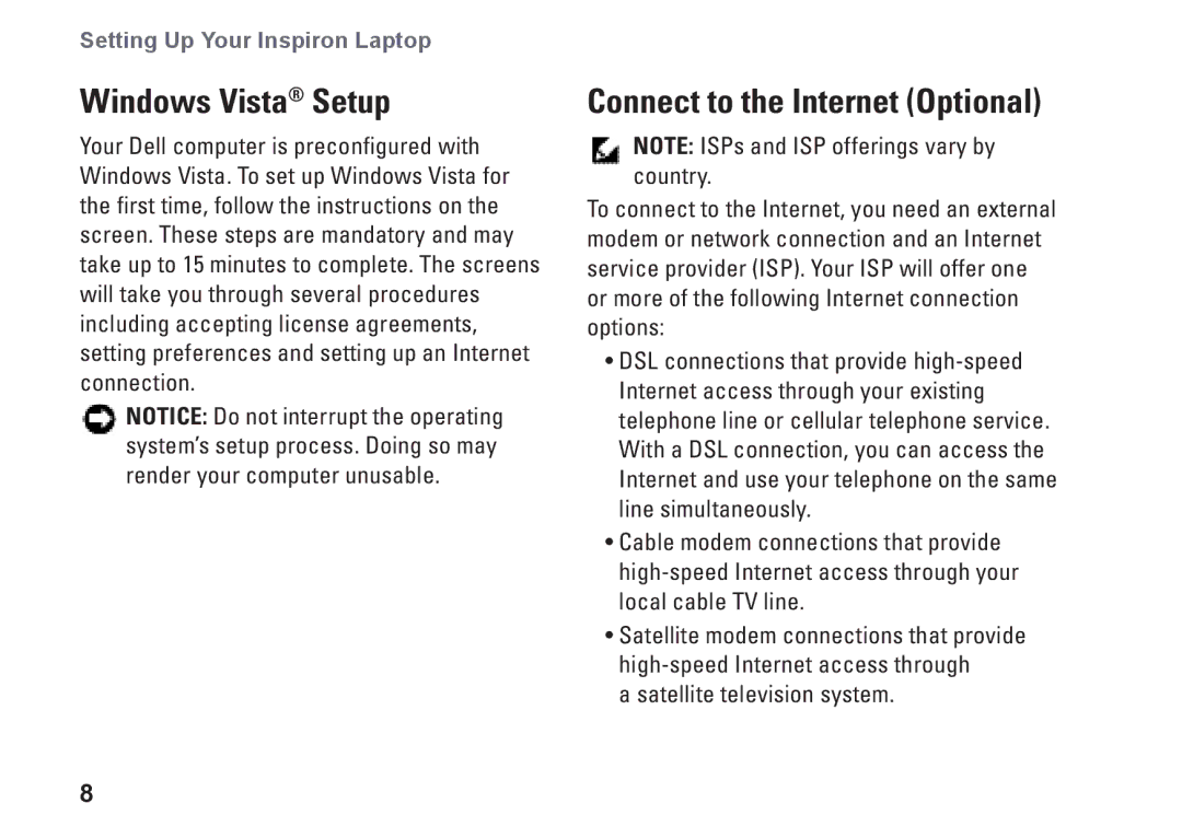 Dell N073F, PP25L setup guide Windows Vista Setup, Connect to the Internet Optional 