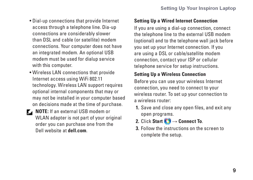 Dell PP25L, N073F Setting Up a Wired Internet Connection, Setting Up a Wireless Connection, Click Start → Connect To 