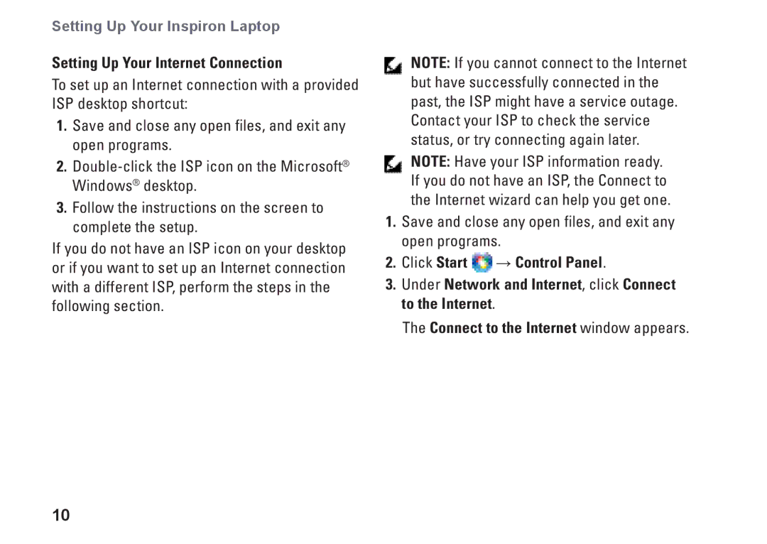 Dell N073F, PP25L setup guide Setting Up Your Internet Connection 