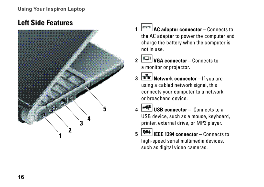 Dell N073F, PP25L setup guide Left Side Features 