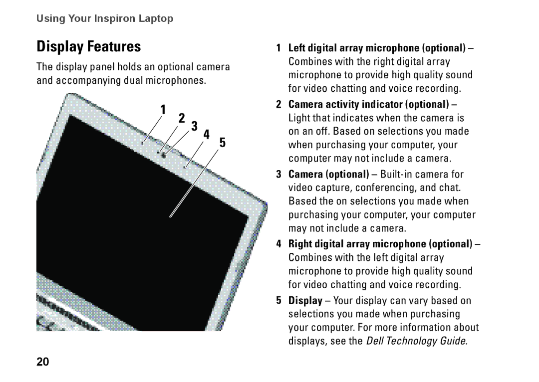 Dell N073F, PP25L setup guide Display Features, 3 4 