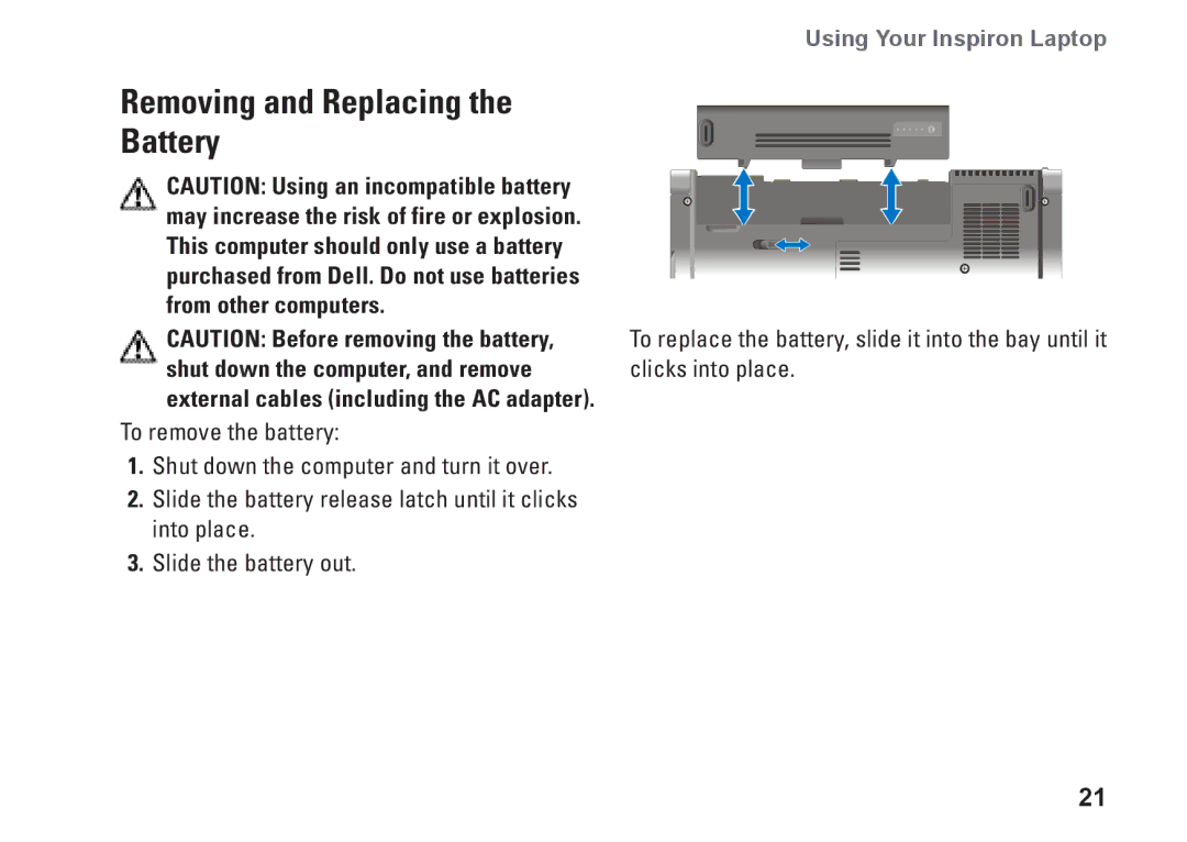 Dell PP25L, N073F setup guide Removing and Replacing Battery 