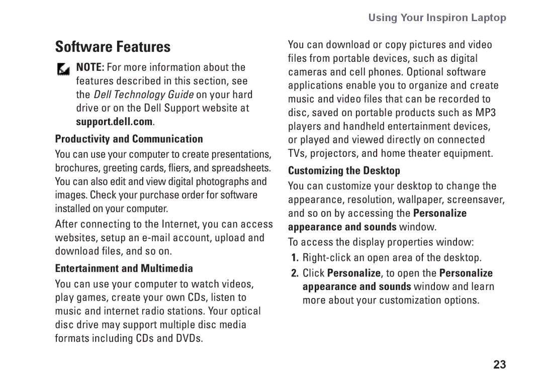 Dell PP25L, N073F Software Features, Productivity and Communication, Entertainment and Multimedia, Customizing the Desktop 