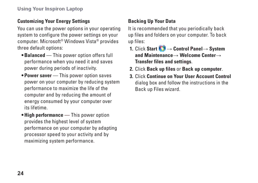 Dell N073F, PP25L setup guide Customizing Your Energy Settings, Backing Up Your Data 