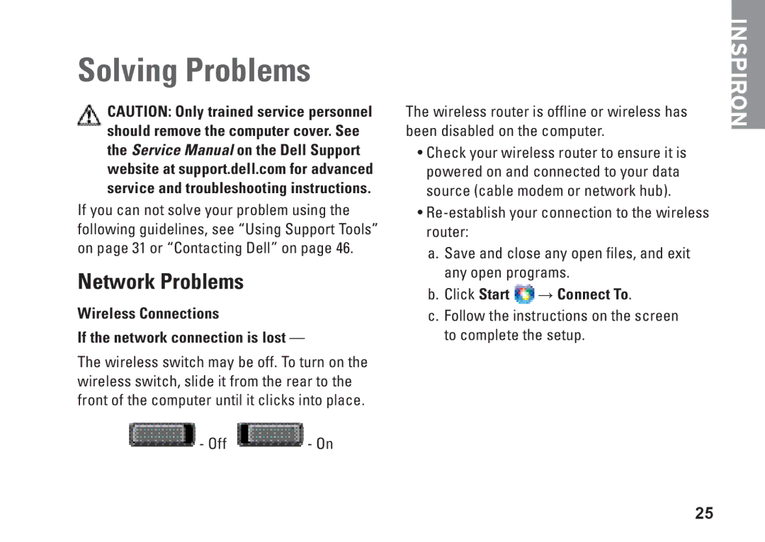 Dell PP25L, N073F setup guide Solving Problems, Network Problems, Wireless Connections If the network connection is lost 