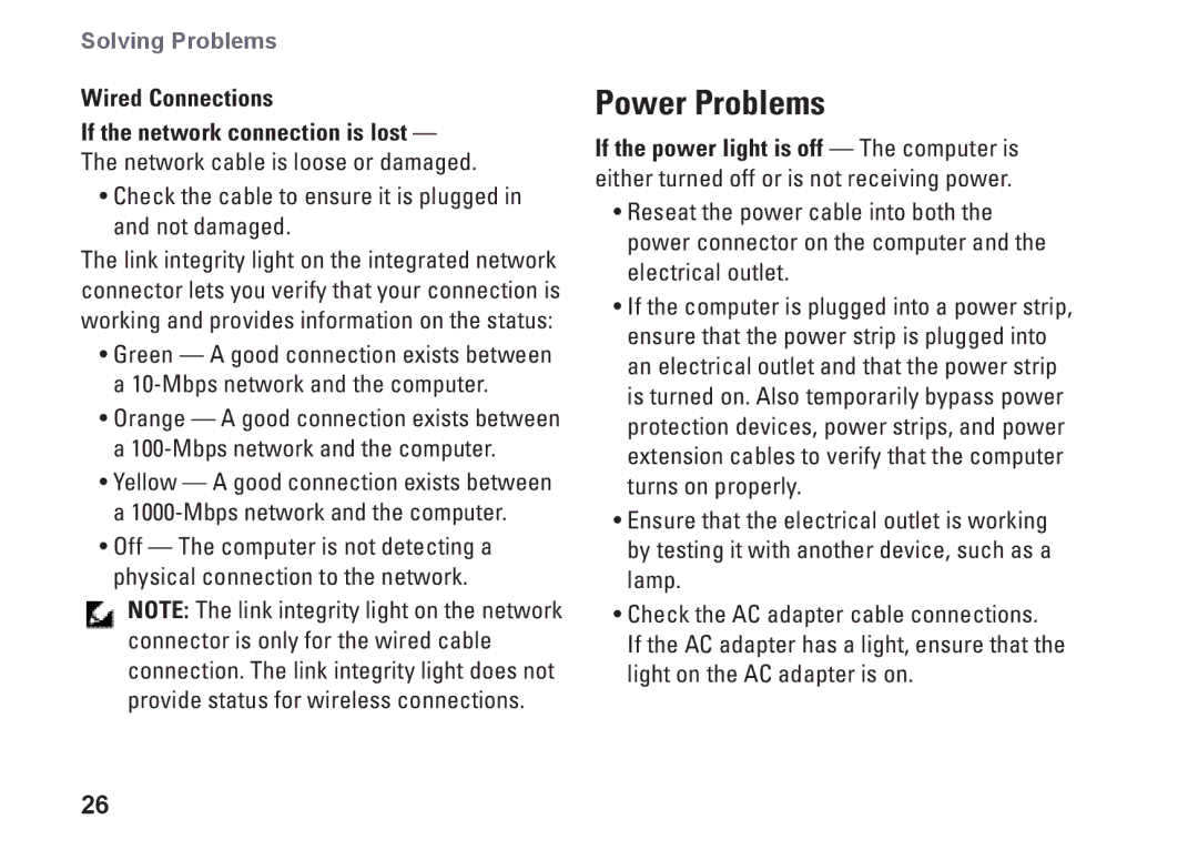 Dell N073F, PP25L setup guide Power Problems, Wired Connections 